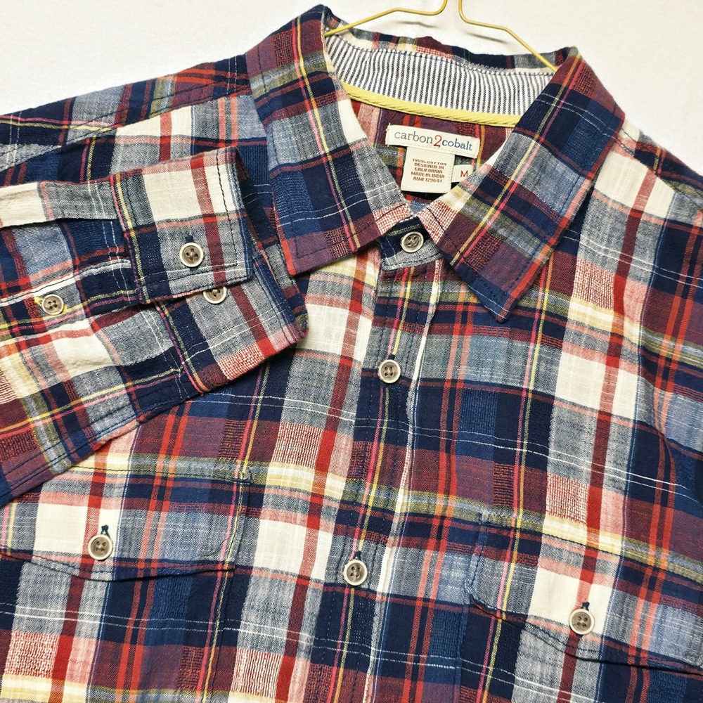 Carbon2Cobalt Plaid Shirt Mens M Navy Red Multi Cotton Long Sleeve Button Down